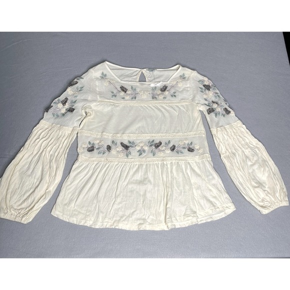 Sundance Cream Floral Embroidered Boho Peasant Blouse Lace Trim Cotton Linen - Picture 2 of 7